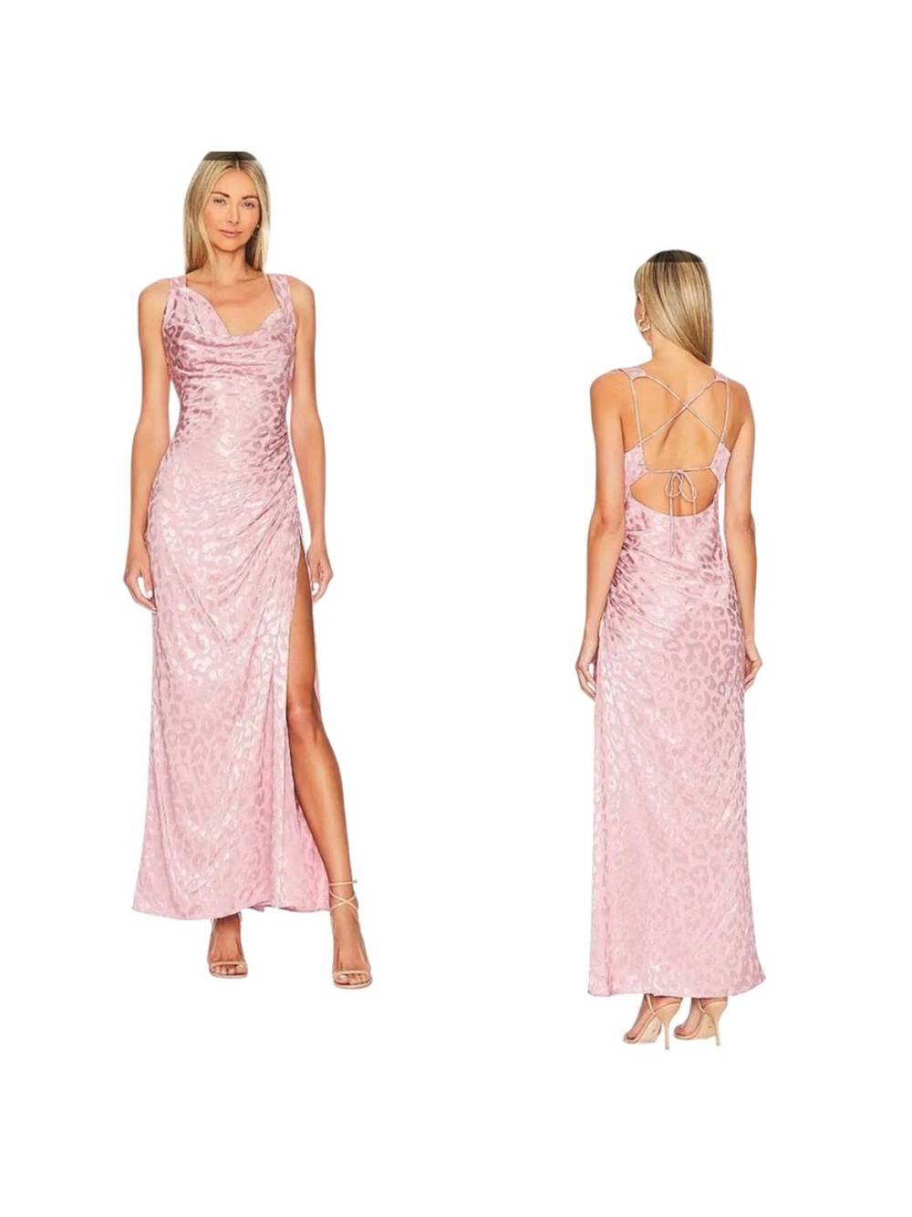 Tularosa Pink Satin Leopard-Texture Leah Maxi Dress with Side Slit